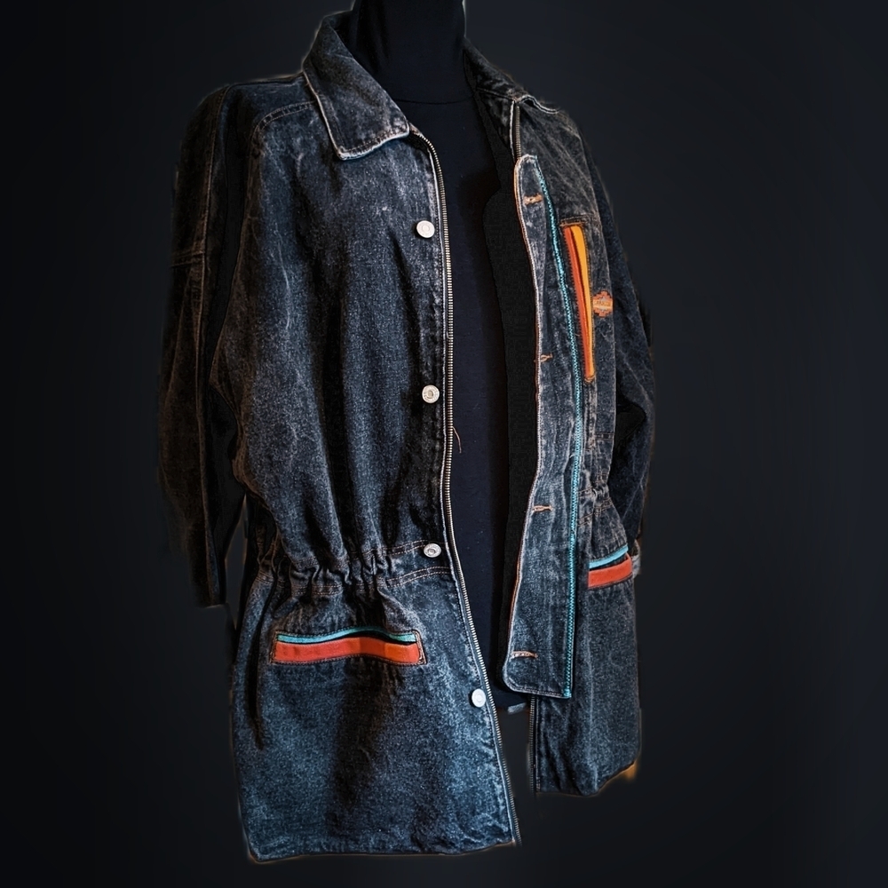 Stylish One Of A Kind Vintage 80s Italian Black Denim Jacket with Color Accents